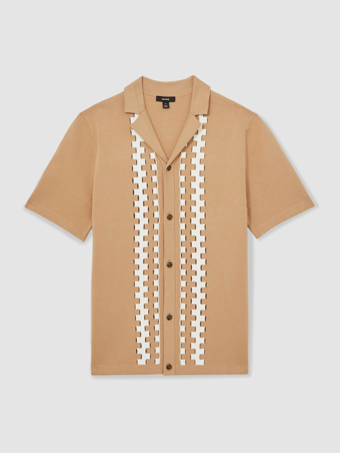 Geometric Cuban-Collar Knit Shirt in Camel/Off White Men | Reiss
