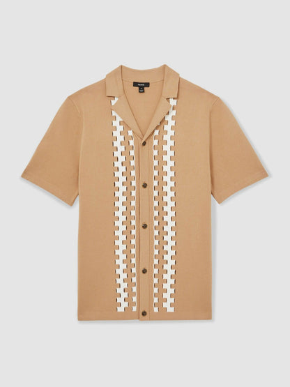 Geometric Cuban-Collar Knit Shirt in Camel/Off White Men | Reiss
