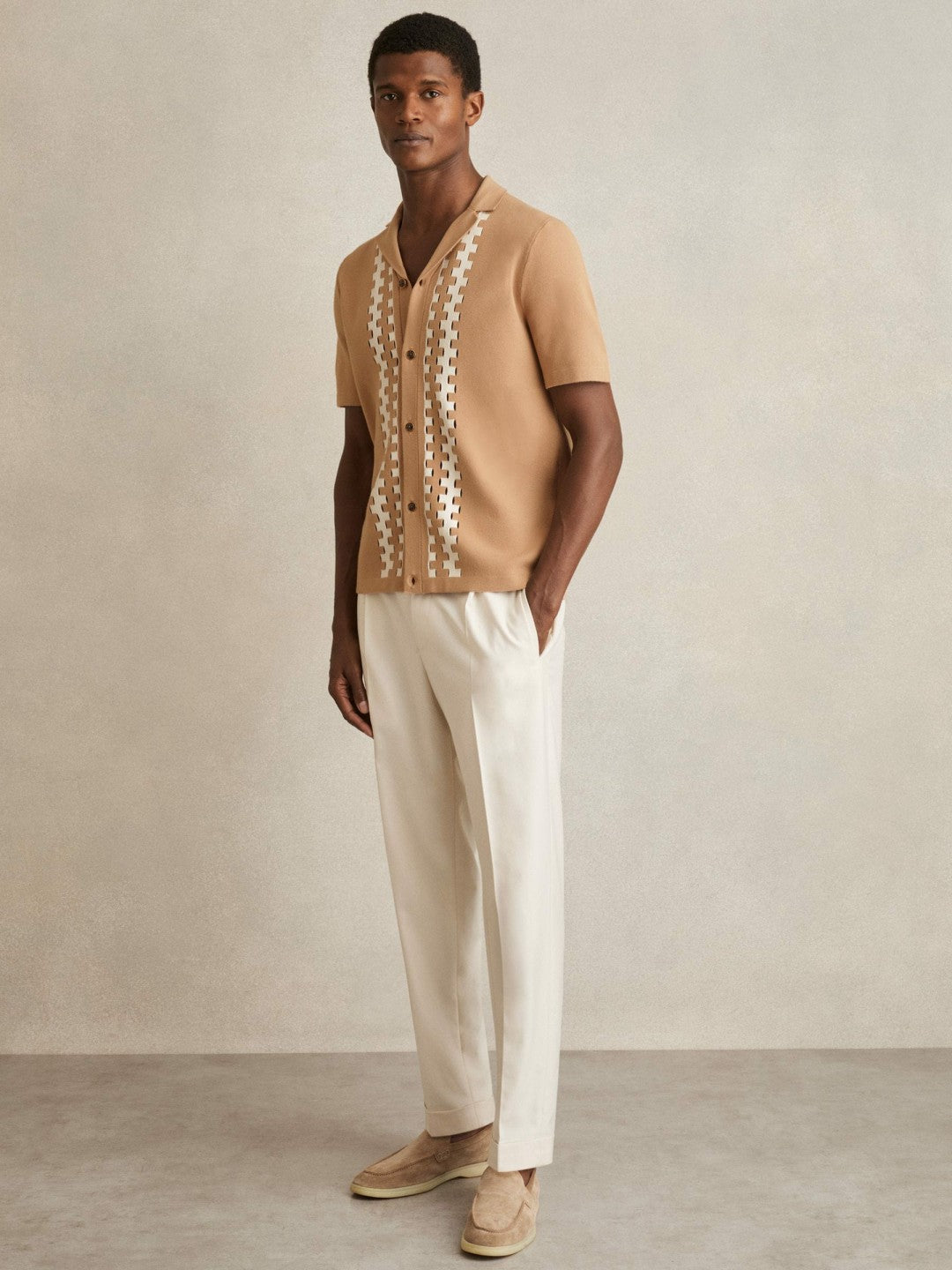 Geometric Cuban-Collar Knit Shirt in Camel/Off White Men | Reiss