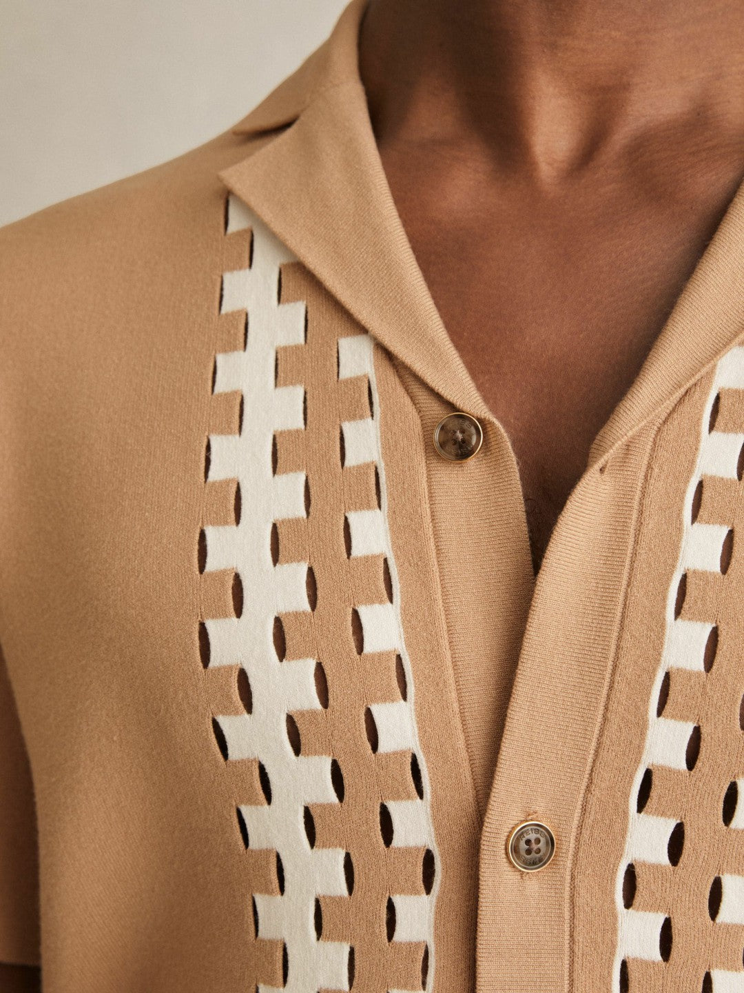 Geometric Cuban-Collar Knit Shirt in Camel/Off White Men | Reiss