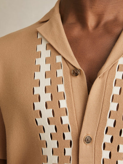 Geometric Cuban-Collar Knit Shirt in Camel/Off White Men | Reiss