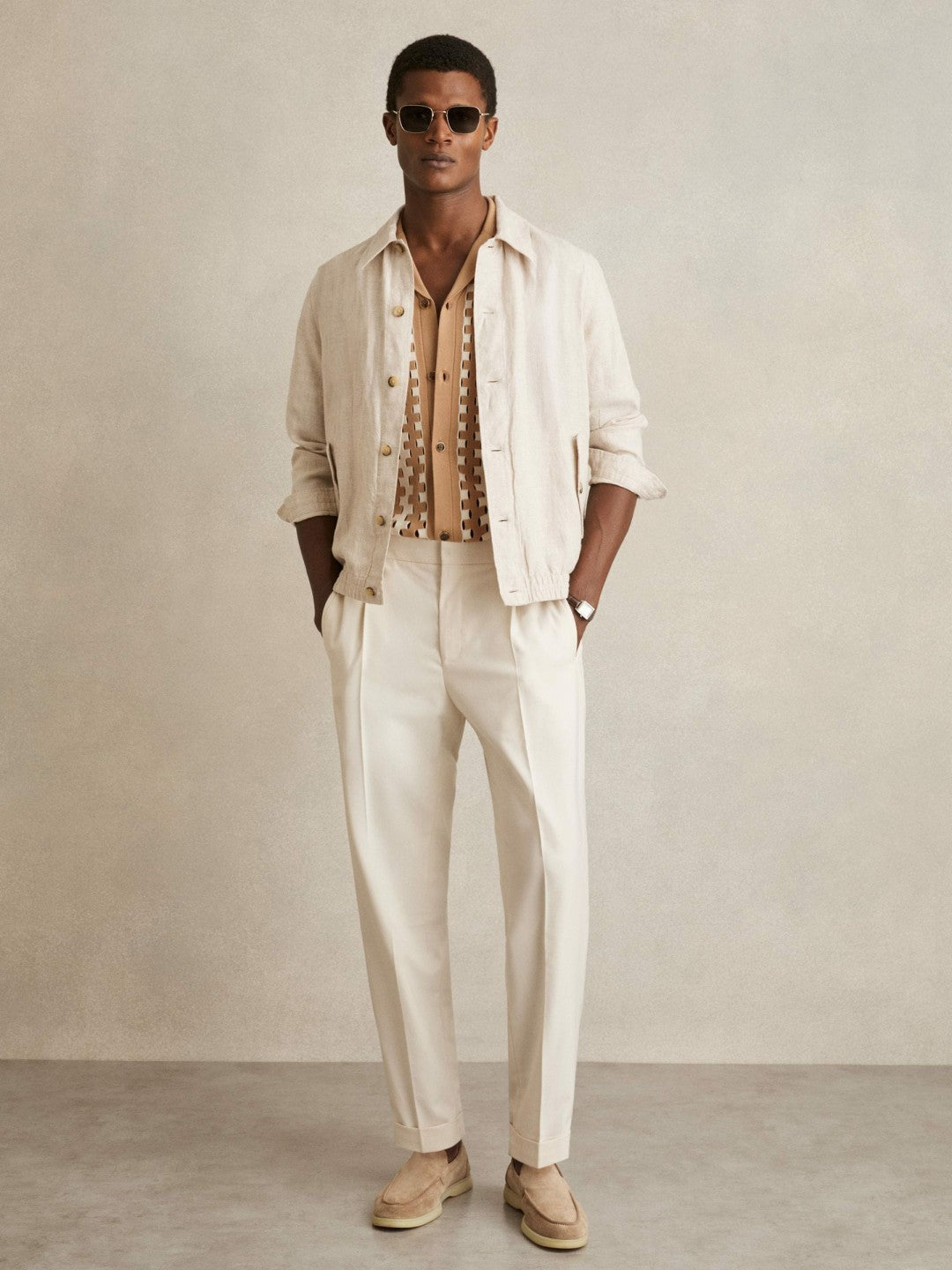 Geometric Cuban-Collar Knit Shirt in Camel/Off White Men | Reiss