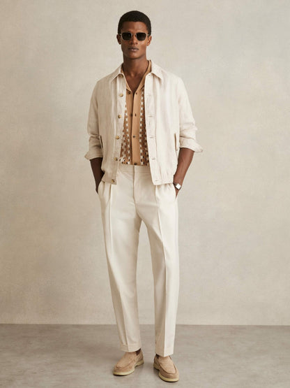 Geometric Cuban-Collar Knit Shirt in Camel/Off White Men | Reiss