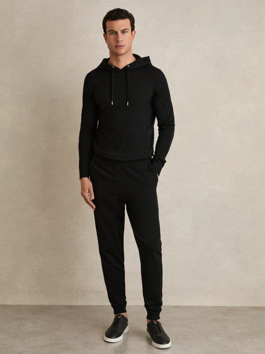Merino Wool Drawstring Hoodie in Black Men | Reiss
