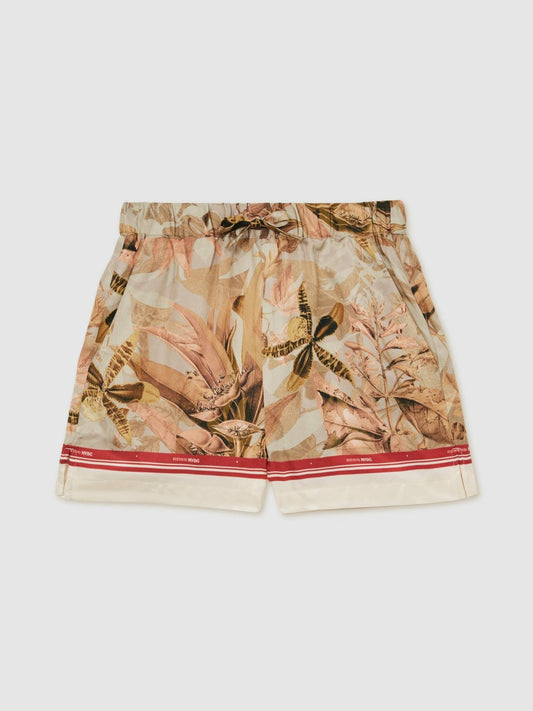 13-14 yrs  | NYBG Satin Floral-Print Shorts in Khaki Children & Baby | Reiss