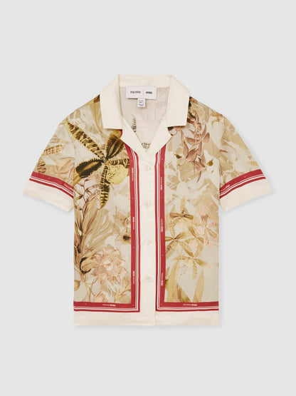 13-14 yrs  | NYBG Satin Floral-Print Shirt in Khaki Children & Baby | Reiss