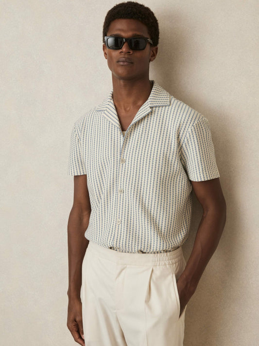 Textured-Stripe Cuban-Collar Shirt in White/Soft Blue Men | Reiss