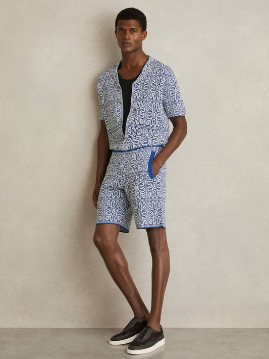 Tile Pattern Knit Shorts in Blue/White Men | Reiss