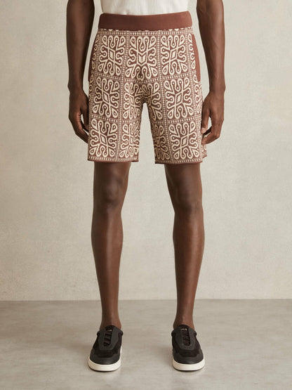 Tile Pattern Knit Shorts in Brown/White Men | Reiss
