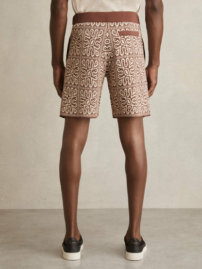 Tile Pattern Knit Shorts in Brown/White Men | Reiss