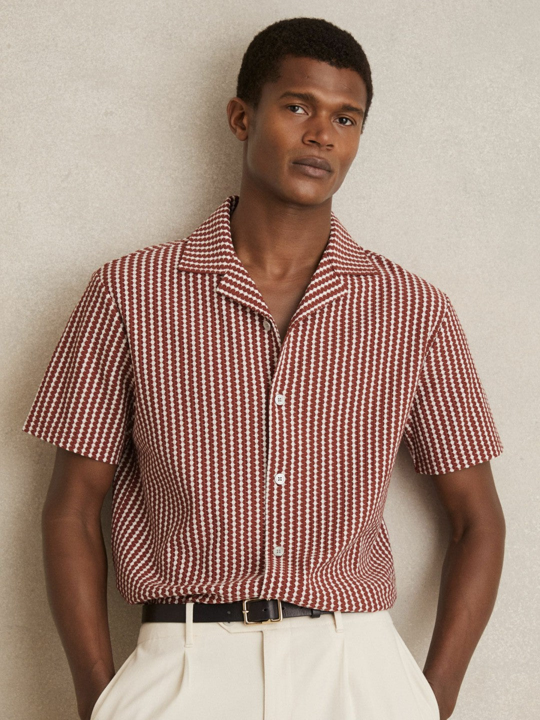Textured-Stripe Cuban-Collar Shirt in Rust Red/White Men | Reiss