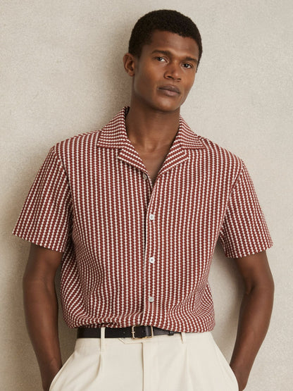 Textured-Stripe Cuban-Collar Shirt in Rust Red/White Men | Reiss