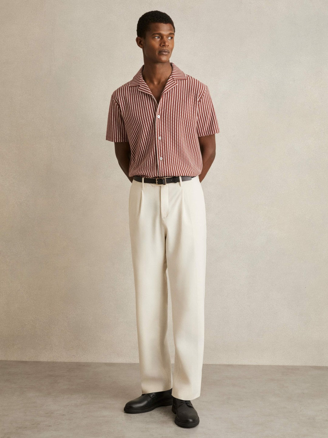 Textured-Stripe Cuban-Collar Shirt in Rust Red/White Men | Reiss
