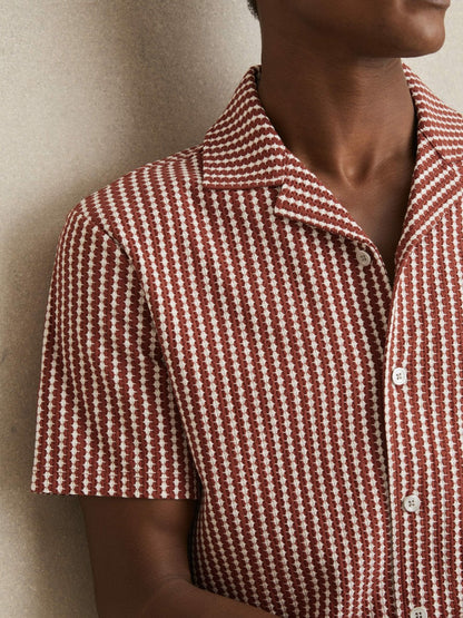 Textured-Stripe Cuban-Collar Shirt in Rust Red/White Men | Reiss