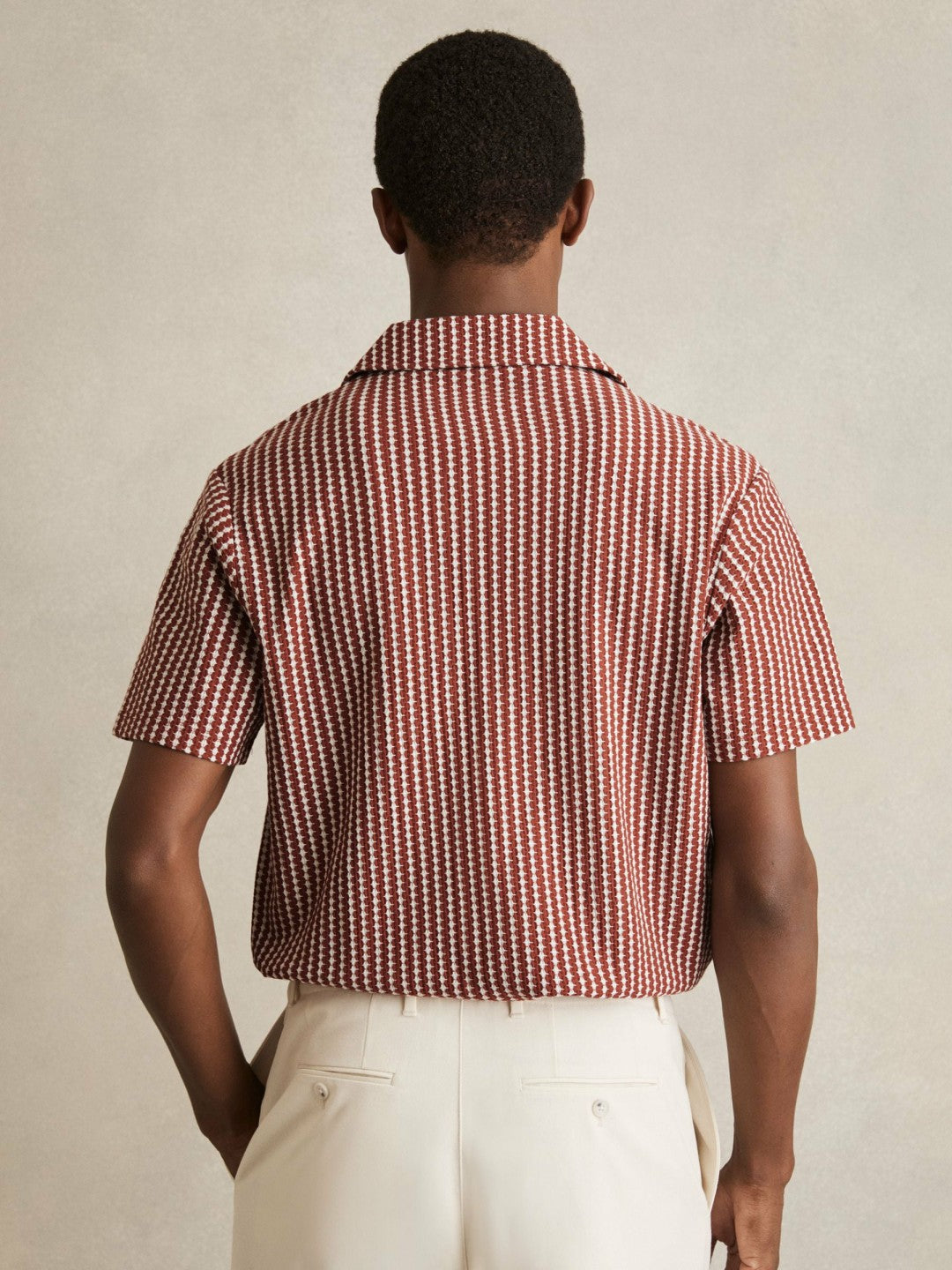 Textured-Stripe Cuban-Collar Shirt in Rust Red/White Men | Reiss