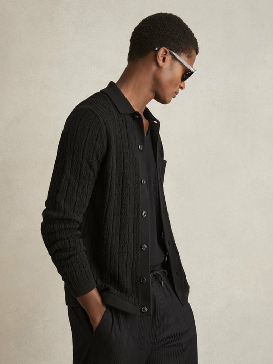 Cotton-Blend Textured Knit Shirt in Black Men | Reiss
