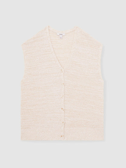 Cotton-Linen Button-Through Knit Top in Ivory Women | Reiss