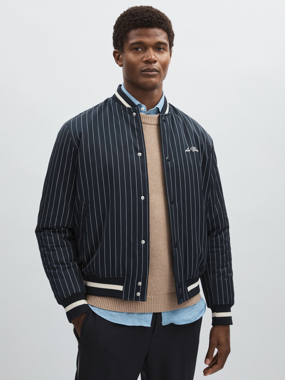 Les Deux Technical Varsity Jacket in Navy Stripe Men | Reiss