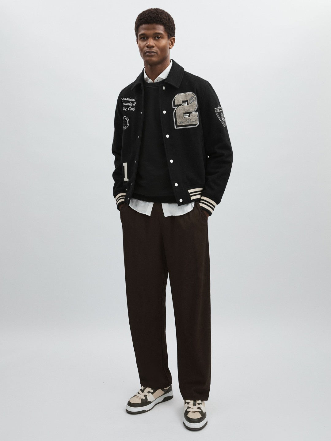 Les Deux Wool-Blend Varsity Jacket in Black Men | Reiss