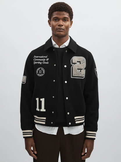 Les Deux Wool-Blend Varsity Jacket in Black Men | Reiss