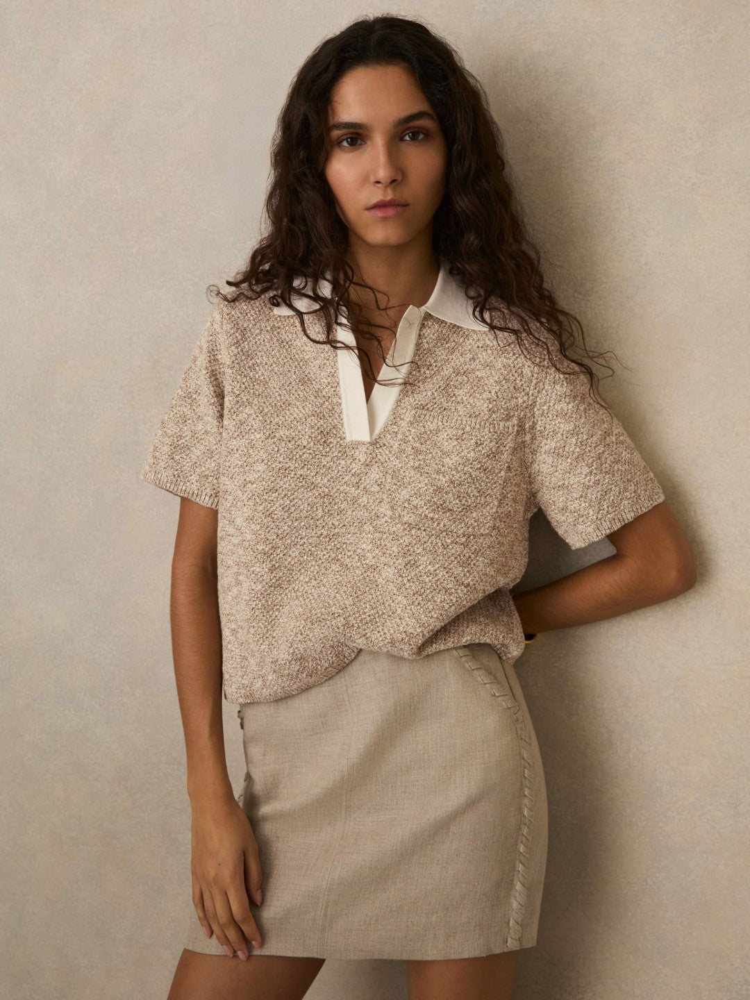 Cotton-Blend Knit Polo Shirt in Neutral Women | Reiss