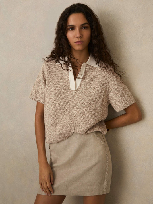 Cotton-Blend Knit Polo Shirt in Neutral Women | Reiss
