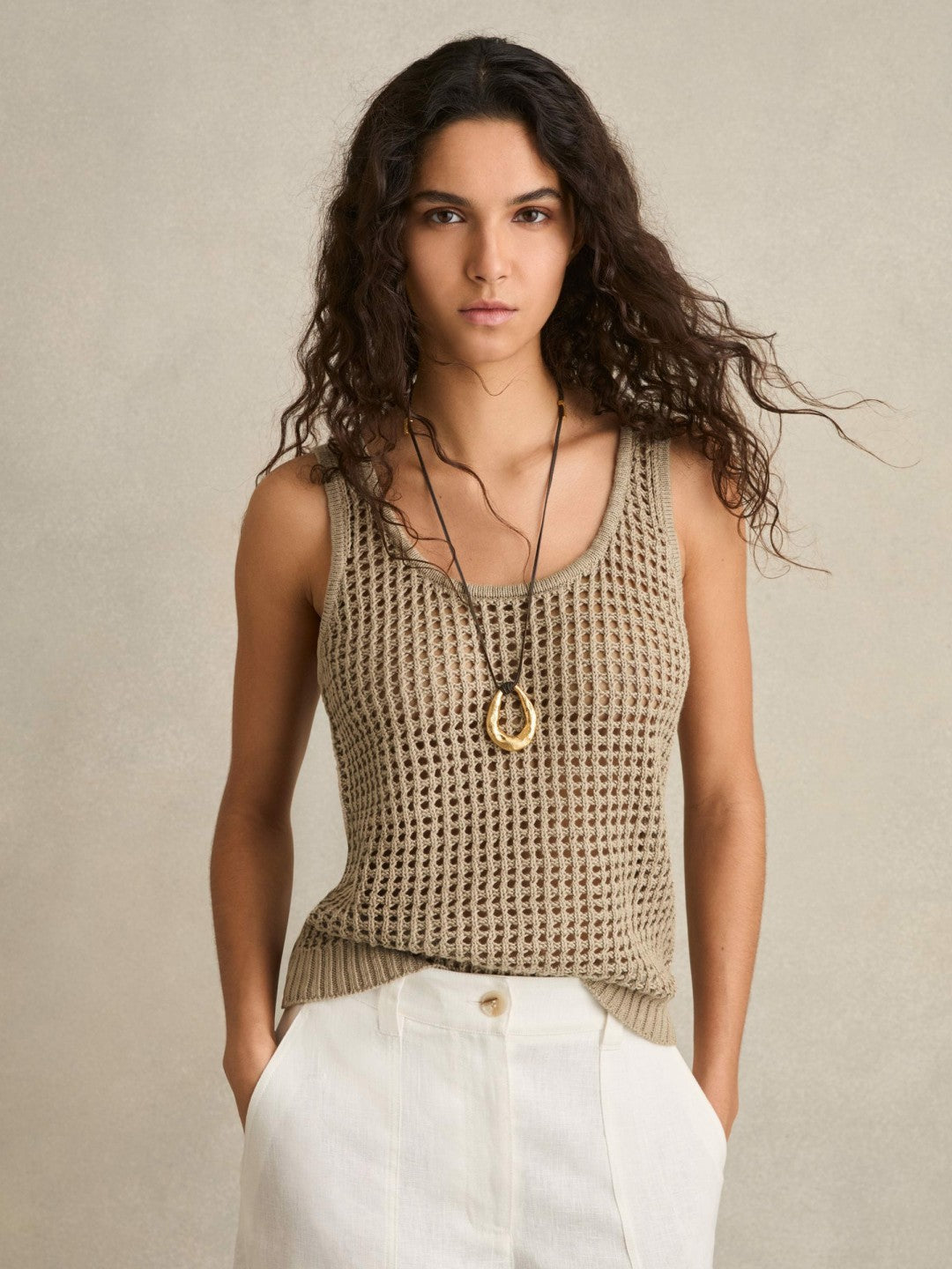Linen Open Knit Vest in Stone Women | Reiss
