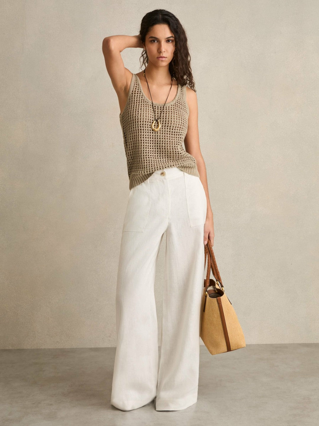 Linen Open Knit Vest in Stone Women | Reiss