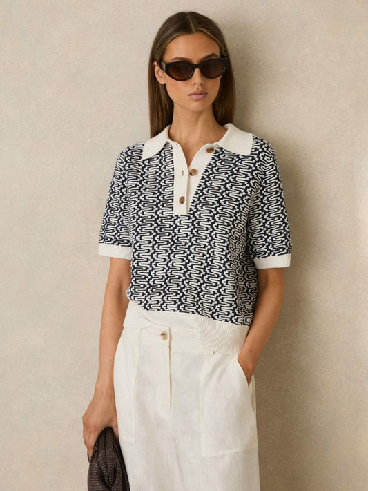 Zig-Zag Knit Polo Shirt in Blue/Ivory Women | Reiss