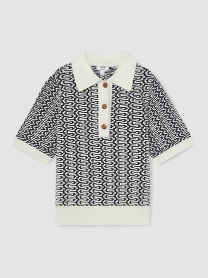 Zig-Zag Knit Polo Shirt in Blue/Ivory Women | Reiss