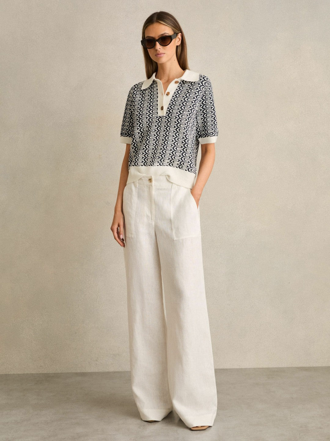 Zig-Zag Knit Polo Shirt in Blue/Ivory Women | Reiss