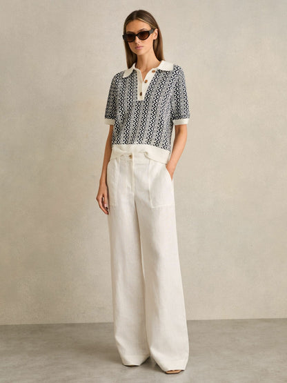 Zig-Zag Knit Polo Shirt in Blue/Ivory Women | Reiss