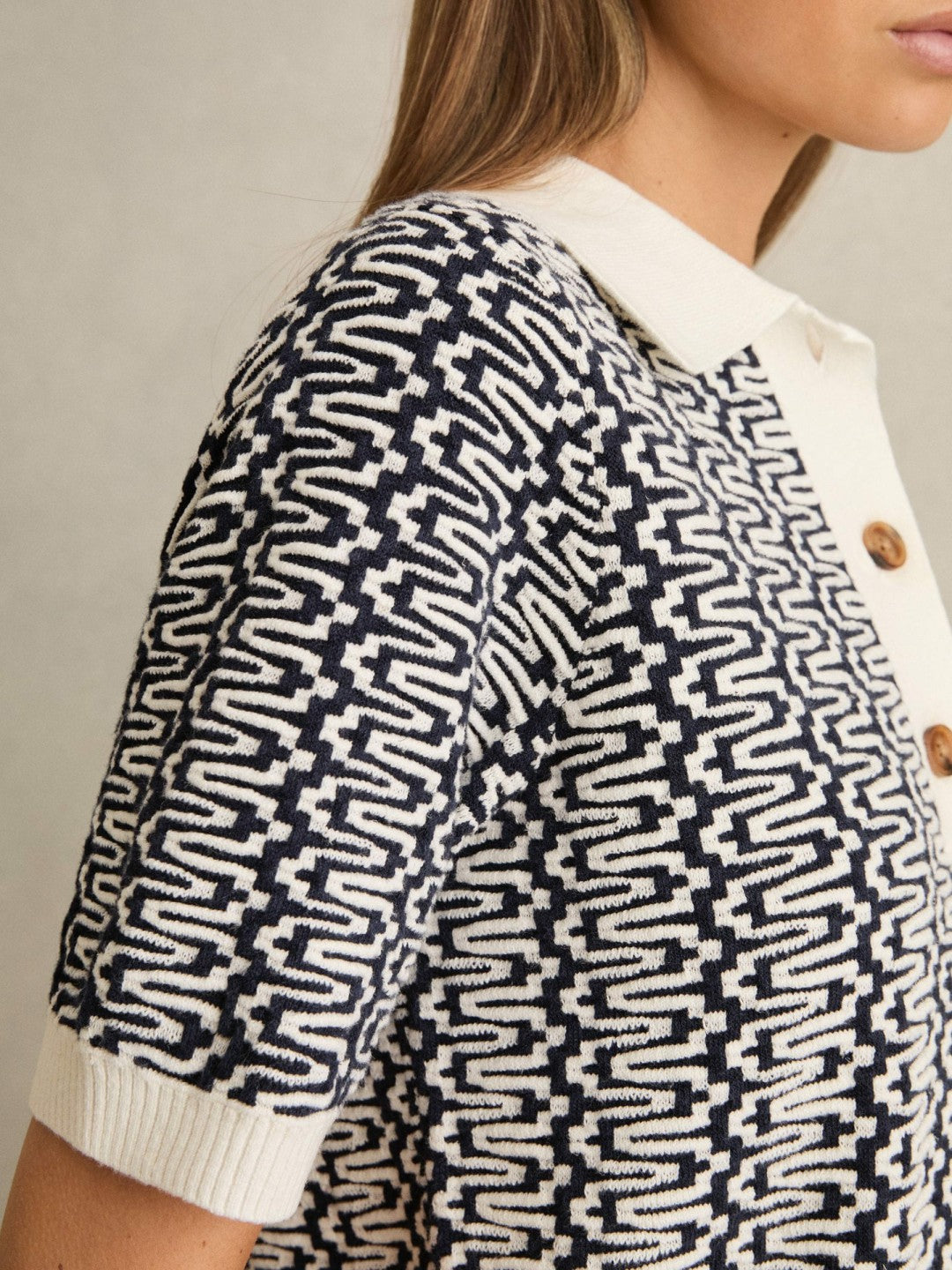 Zig-Zag Knit Polo Shirt in Blue/Ivory Women | Reiss