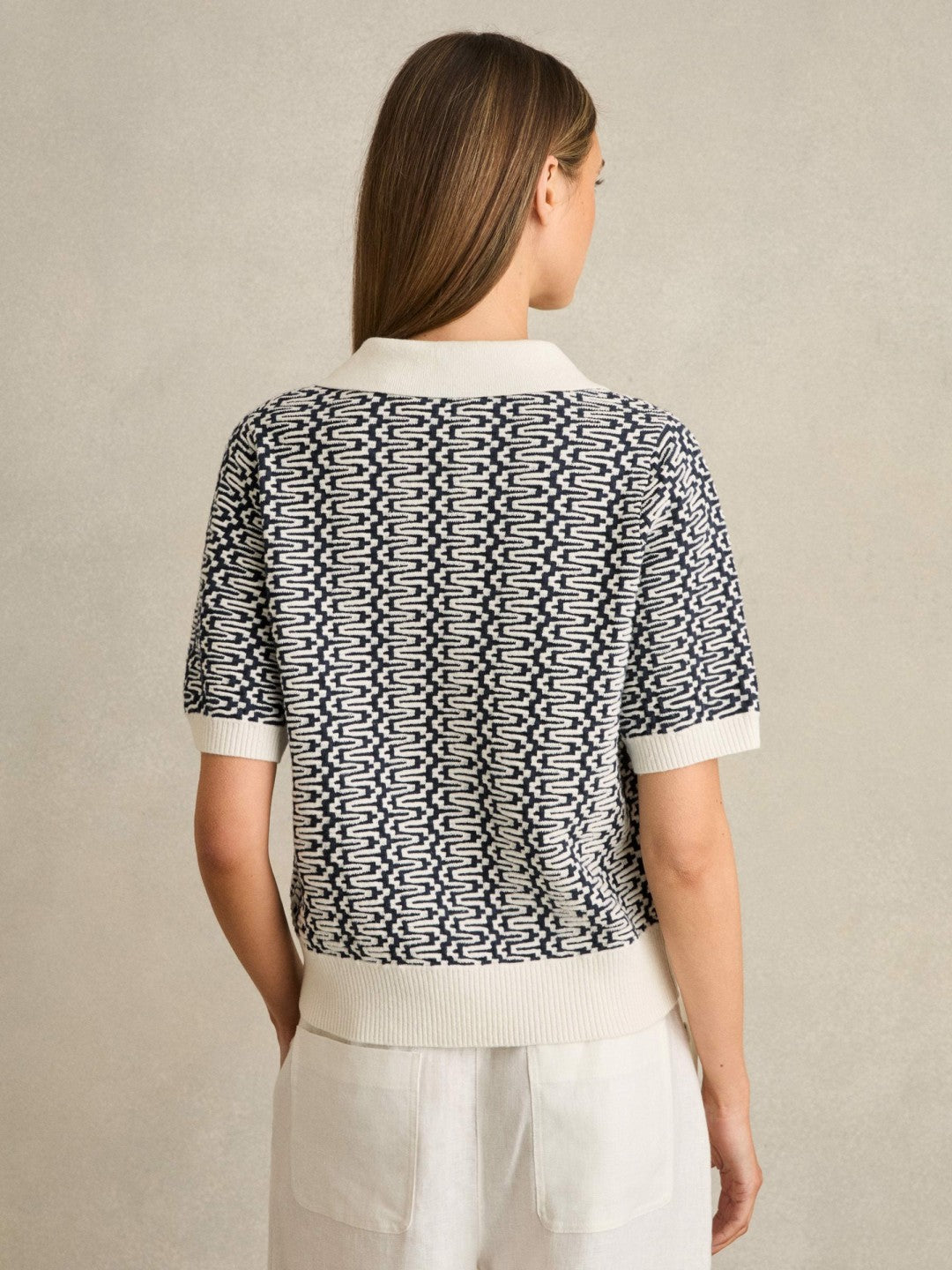 Zig-Zag Knit Polo Shirt in Blue/Ivory Women | Reiss