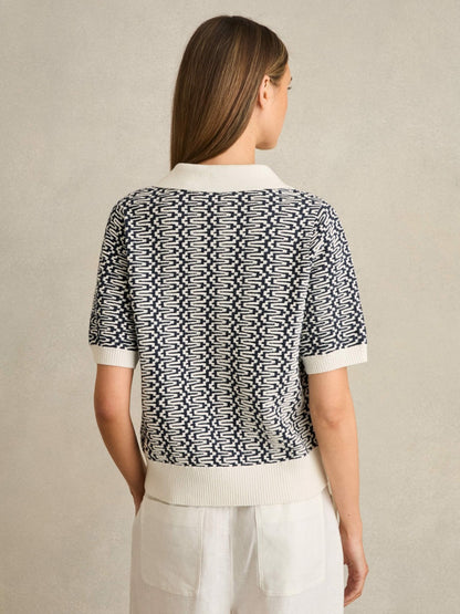 Zig-Zag Knit Polo Shirt in Blue/Ivory Women | Reiss