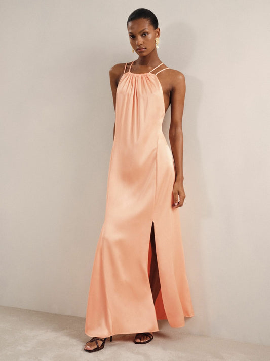 Petite Satin Halterneck Maxi Dress in Peach Women | Reiss