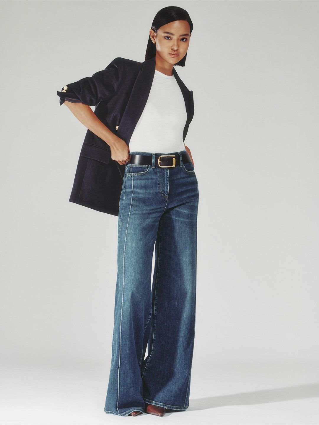 Petite Stretch-Cotton Wide-Leg Jeans in Mid Blue Women | Reiss