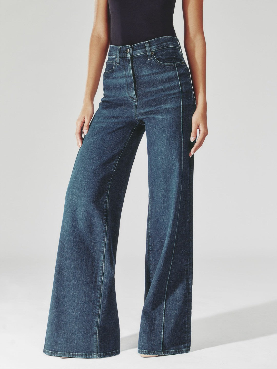 Petite Stretch-Cotton Wide-Leg Jeans in Mid Blue Women | Reiss