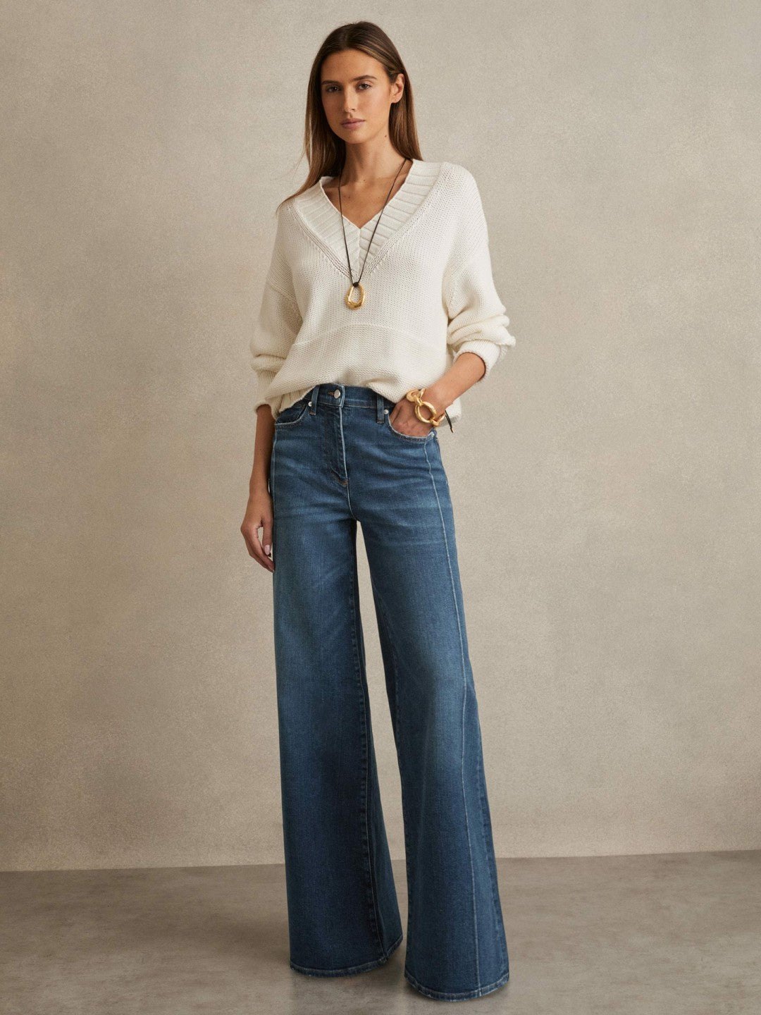 Petite Stretch-Cotton Wide-Leg Jeans in Mid Blue Women | Reiss