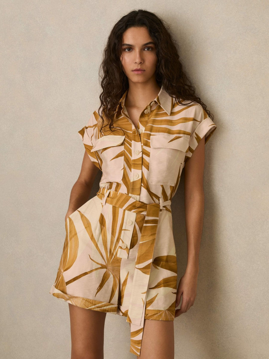 Palm Print Belted Playsuit in Neutral Women | Reiss