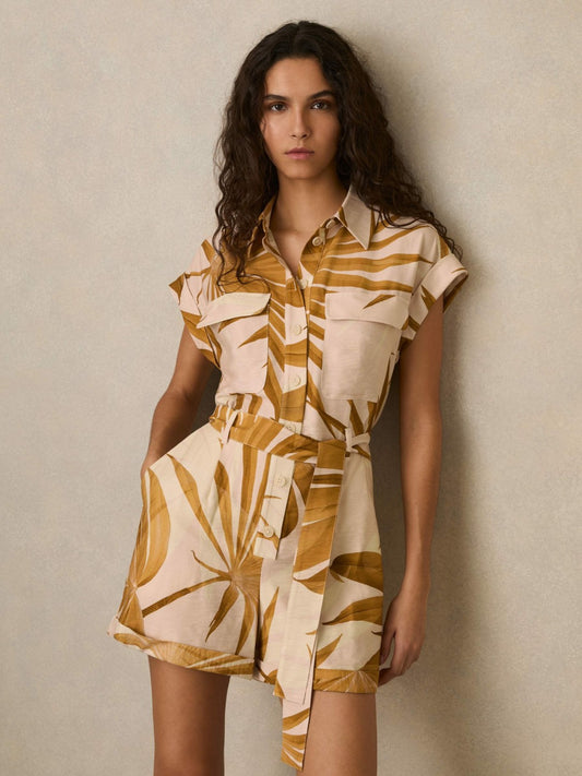 Palm Print Belted Playsuit in Neutral Women | Reiss
