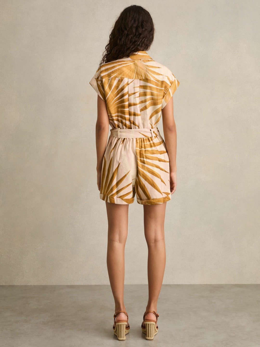 Palm Print Belted Playsuit in Neutral Women | Reiss