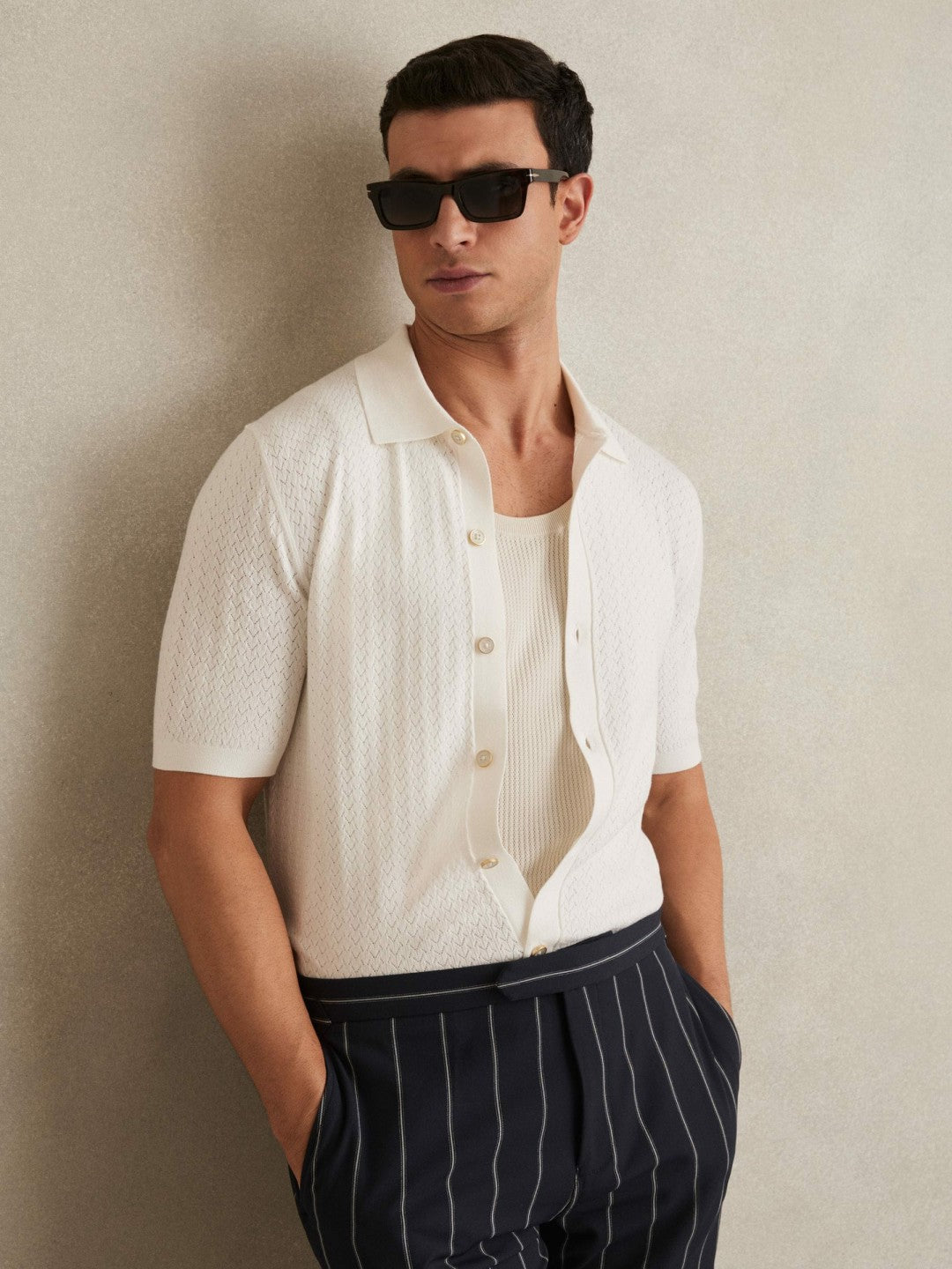 Textured Knit Button-Through Shirt in White Men | Reiss