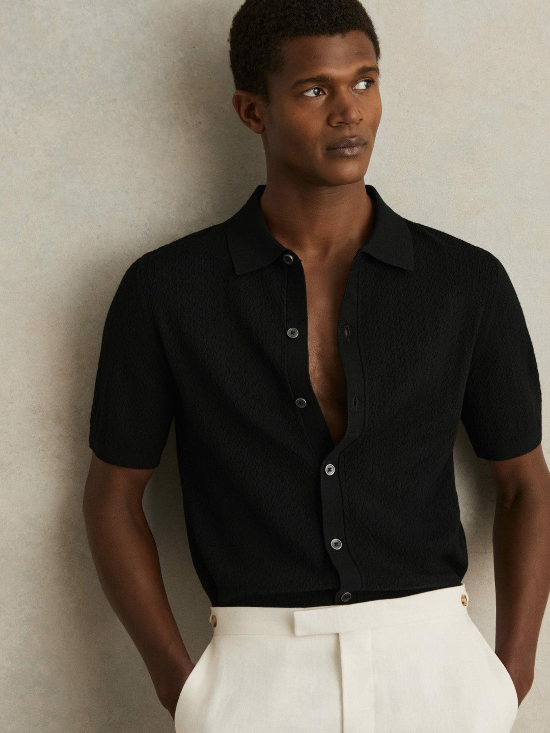 Textured Knit Button-Through Shirt in Black Men | Reiss