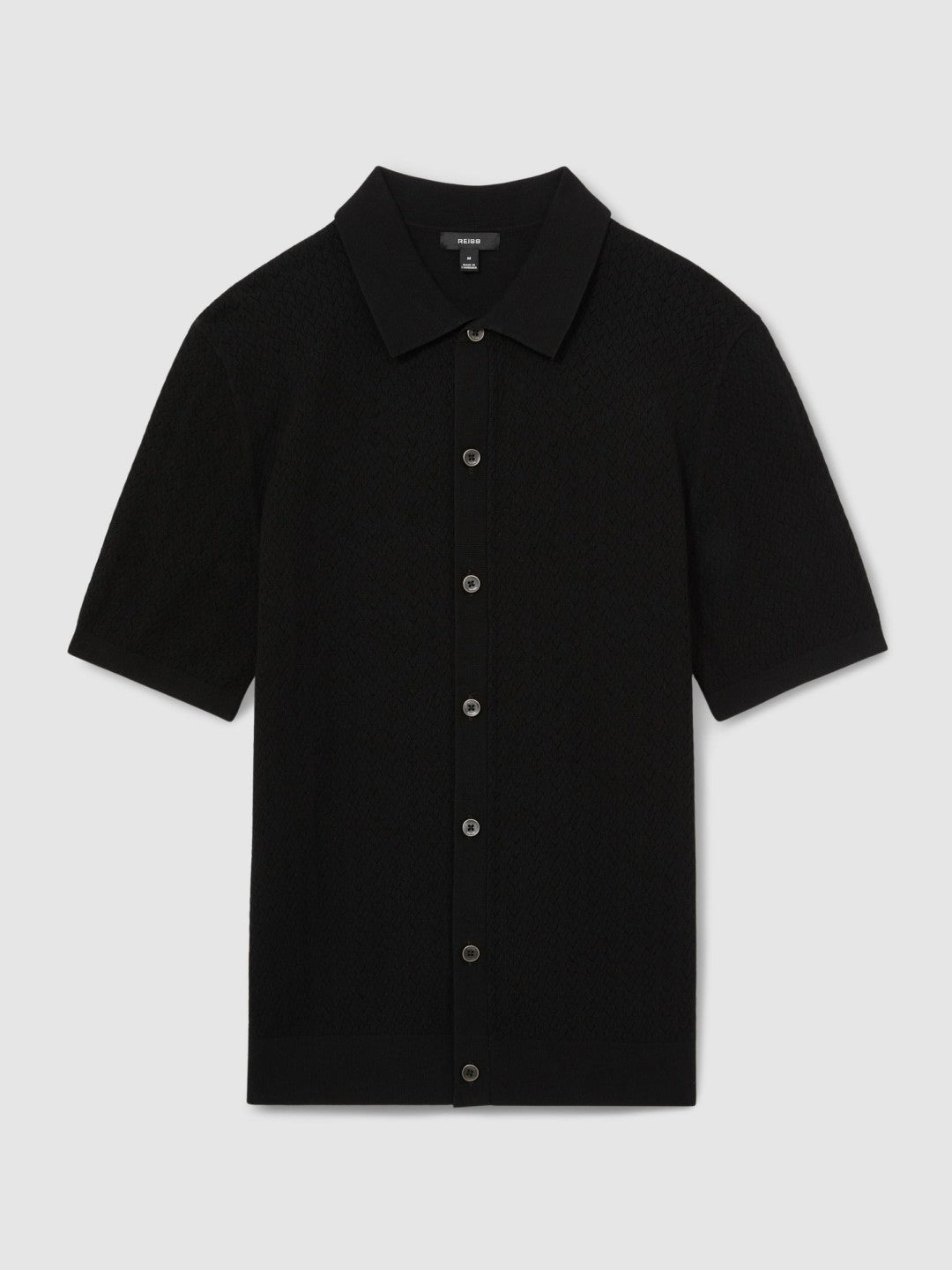 Textured Knit Button-Through Shirt in Black Men | Reiss