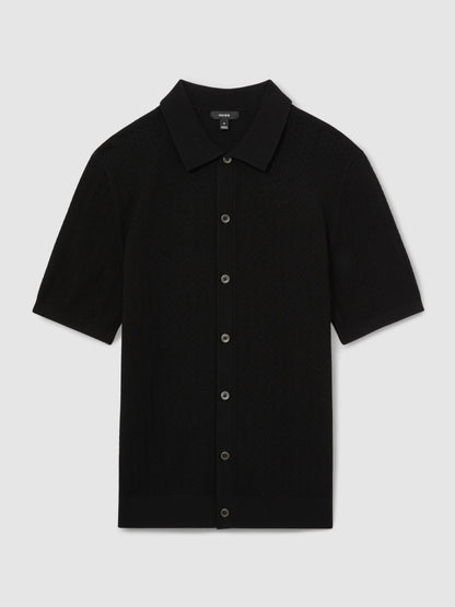 Textured Knit Button-Through Shirt in Black Men | Reiss