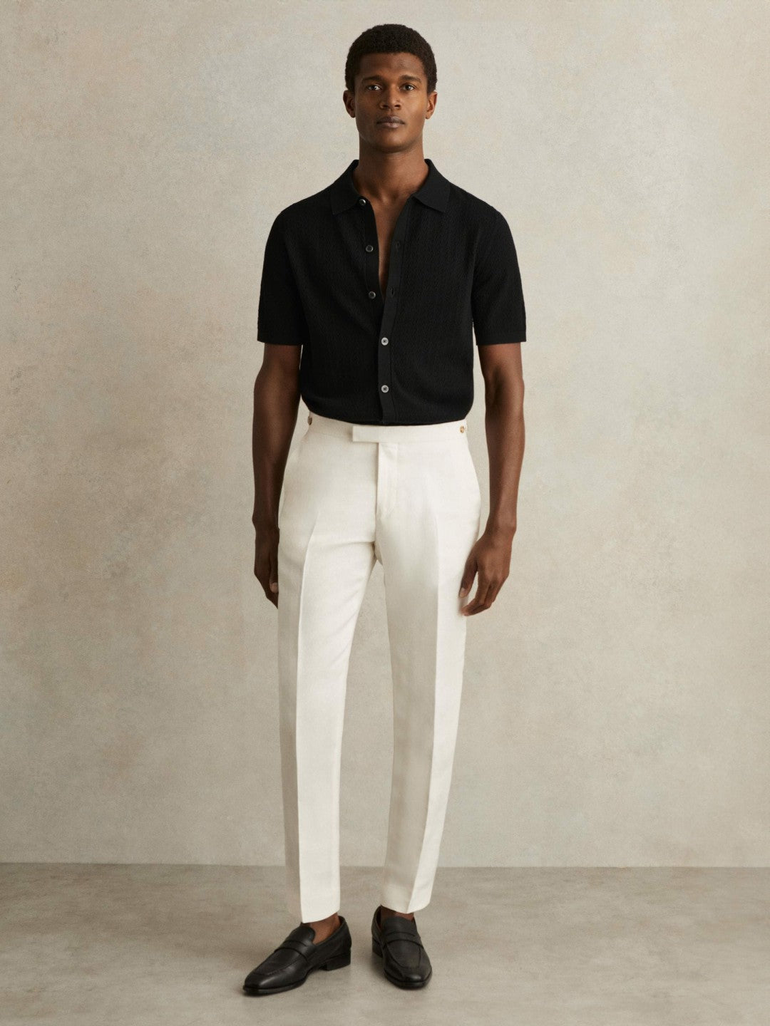 Textured Knit Button-Through Shirt in Black Men | Reiss