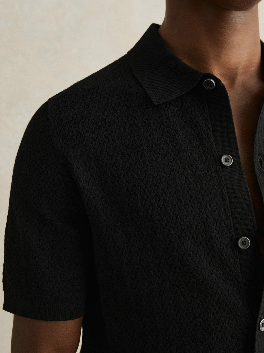 Textured Knit Button-Through Shirt in Black Men | Reiss