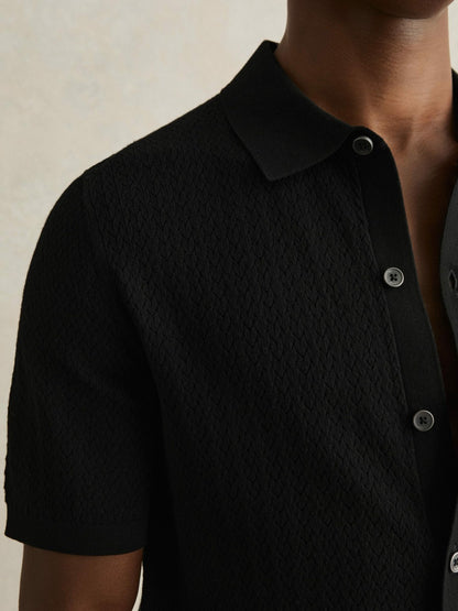 Textured Knit Button-Through Shirt in Black Men | Reiss