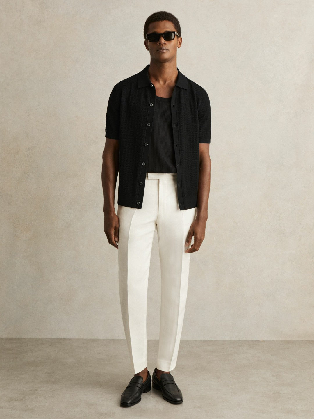 Textured Knit Button-Through Shirt in Black Men | Reiss